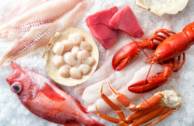 Various Nova Scotia seafood products (Redfish, scallop, haddock, snow crab, tuna and lobster)